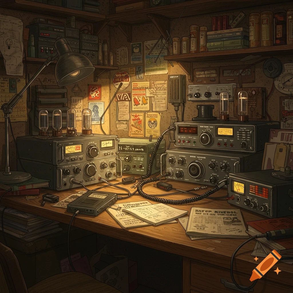 A detailed depiction of vintage ham radio equipment on a cluttered desk.