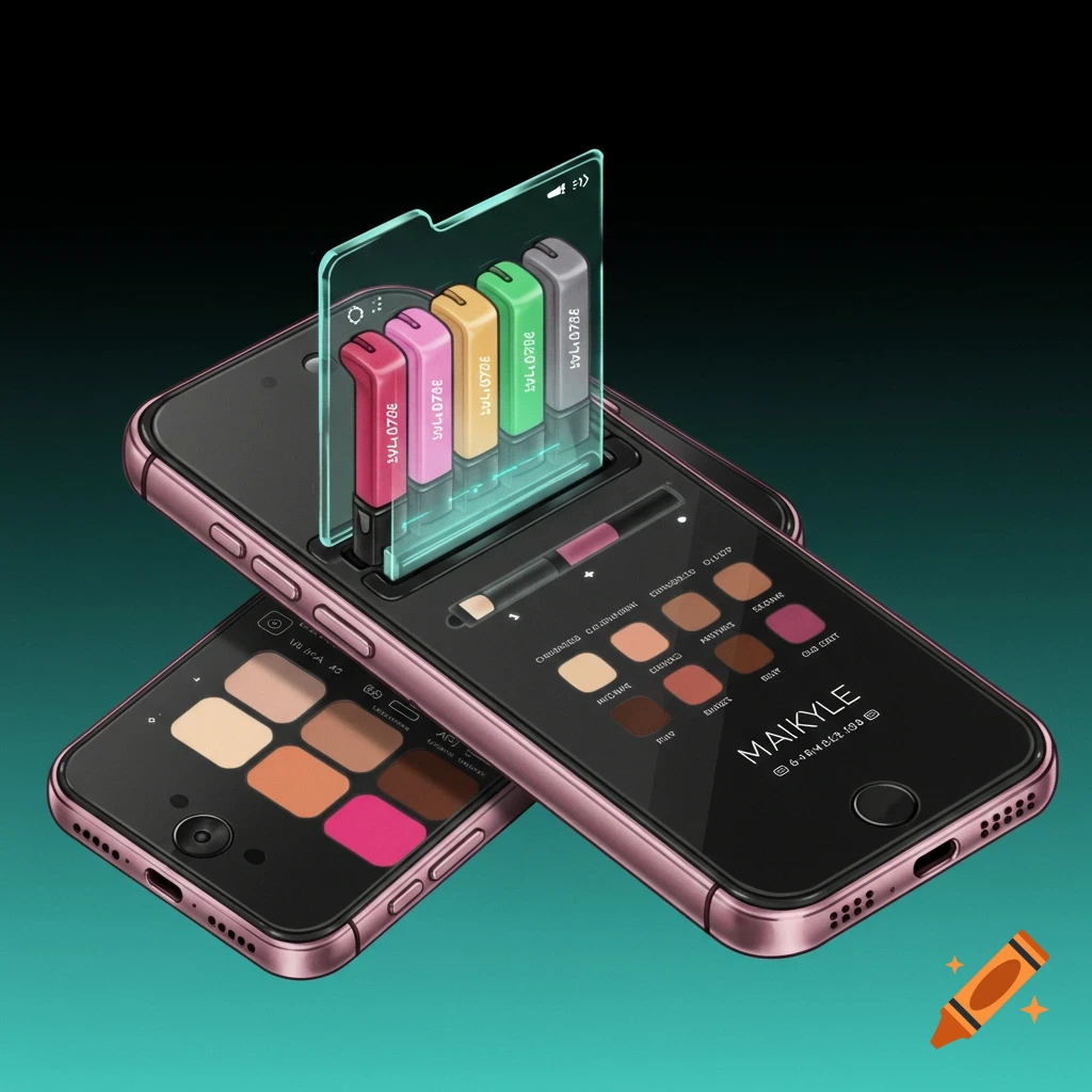 Two pink smartphones, one displaying a palette of makeup shades and the other showing makeup cartridges and a brush.