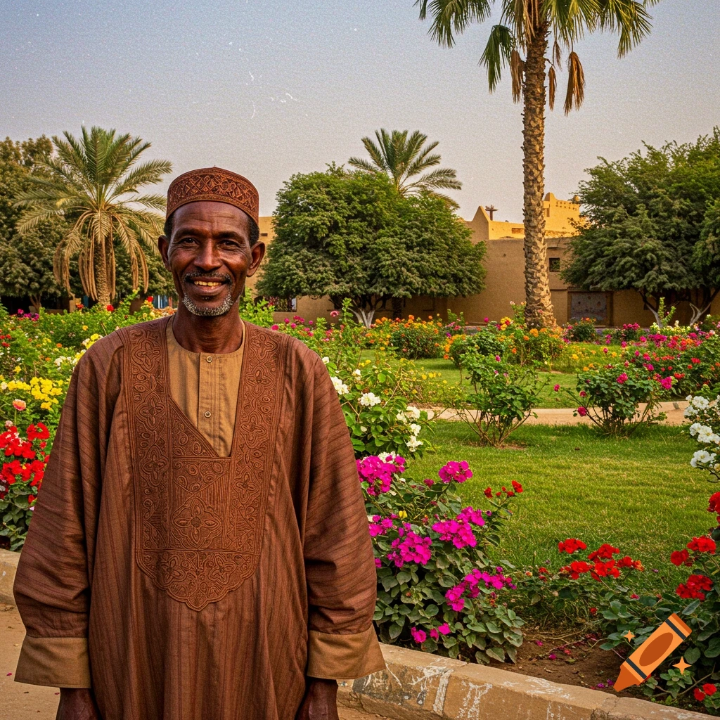 Sudanese man in brown robes and hat stands in a colorful flower garden with palm trees and buildings in the background.