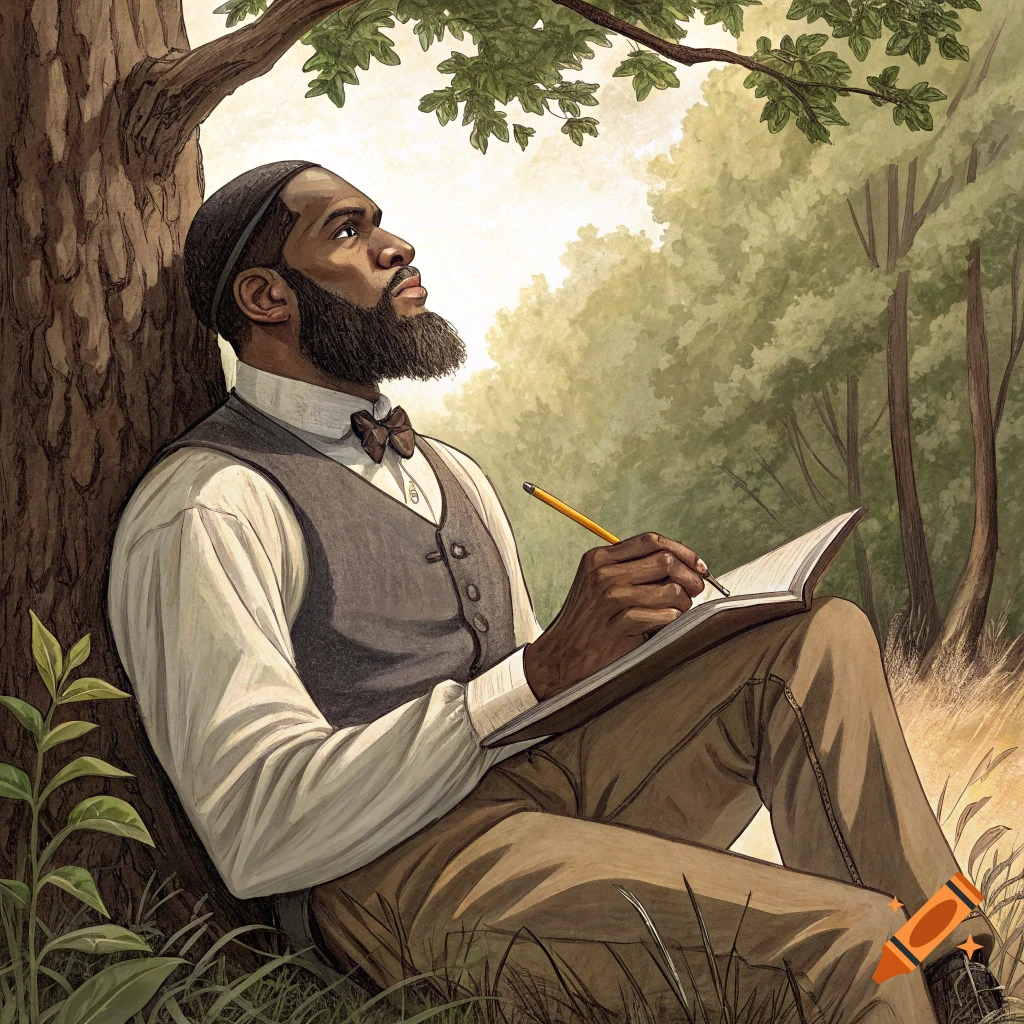 Illustration of a man in historical clothing sitting under a tree, writing in a notebook.