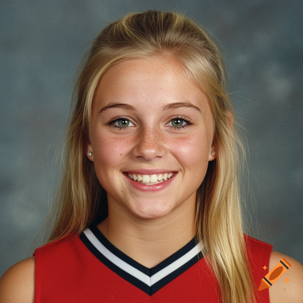 Close-up portrait of a smiling young woman with blonde hair and green eyes in a red cheerleading top against a gray background.