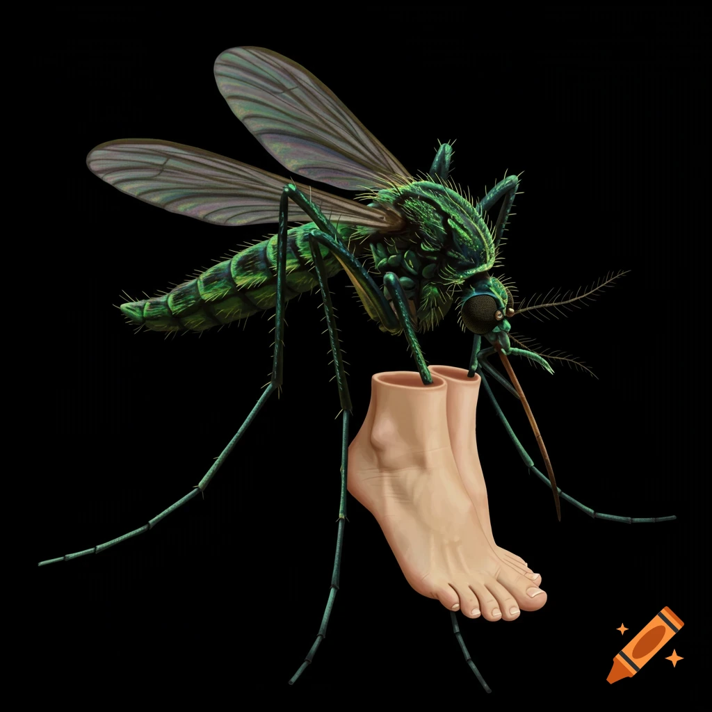 A large mosquito stands with human feet on a black background.