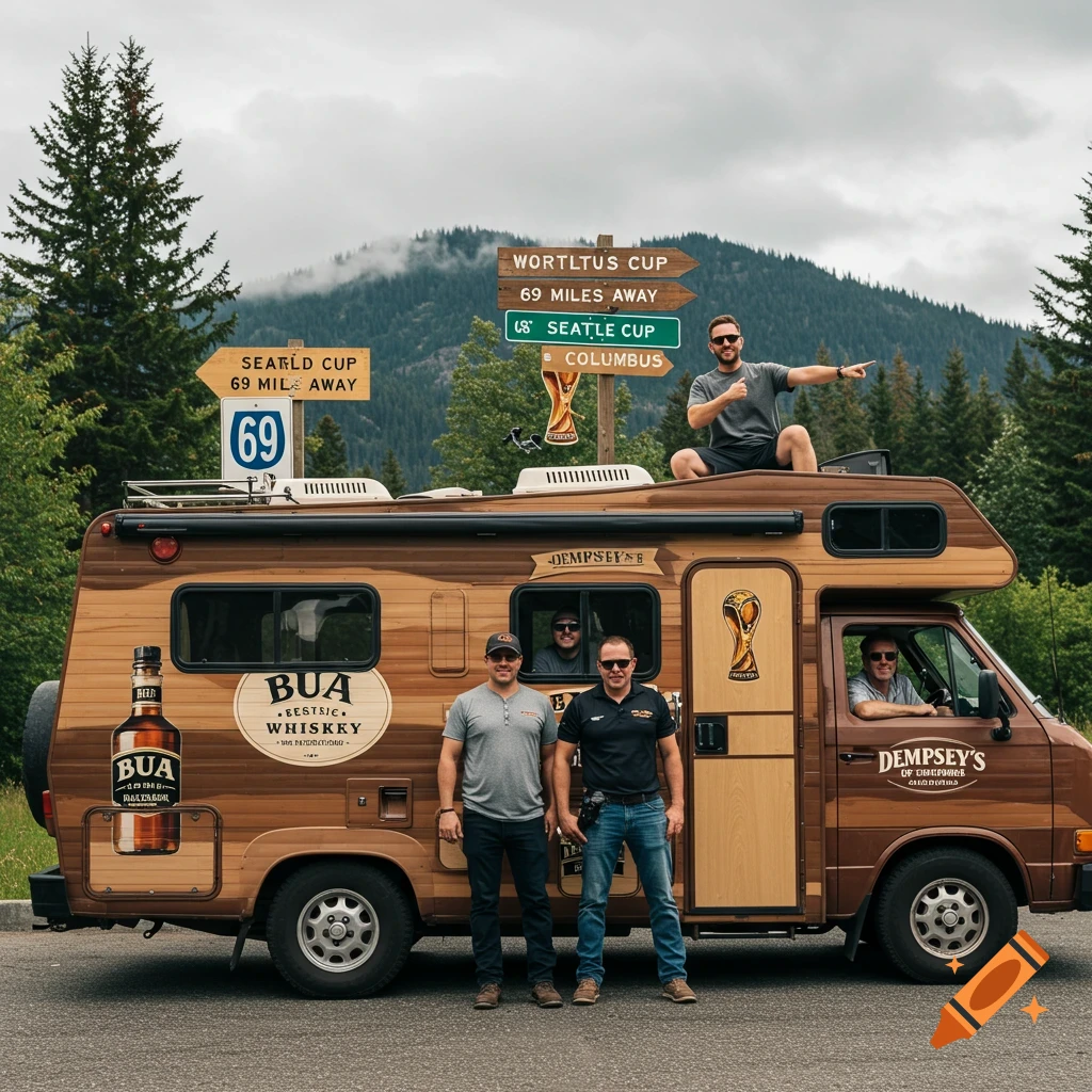 A group of men pose with a wrapped campervan next to road signs in a mountainous area.