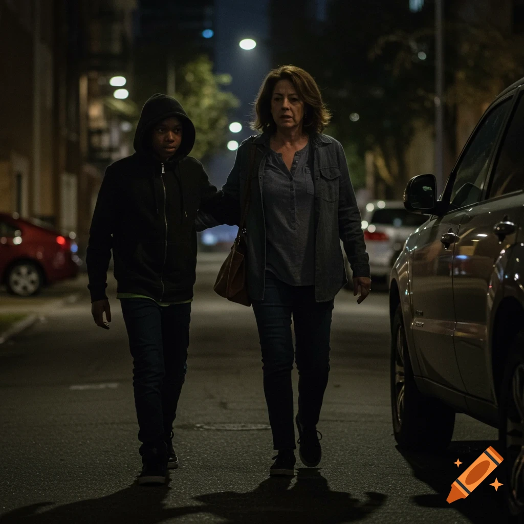 A woman and a boy in a hoodie walk on a street at night near a parked car.