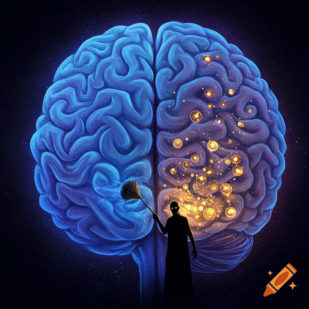 A large brain, half blue, half golden orbs, with a silhouetted figure sweeping the blue side.