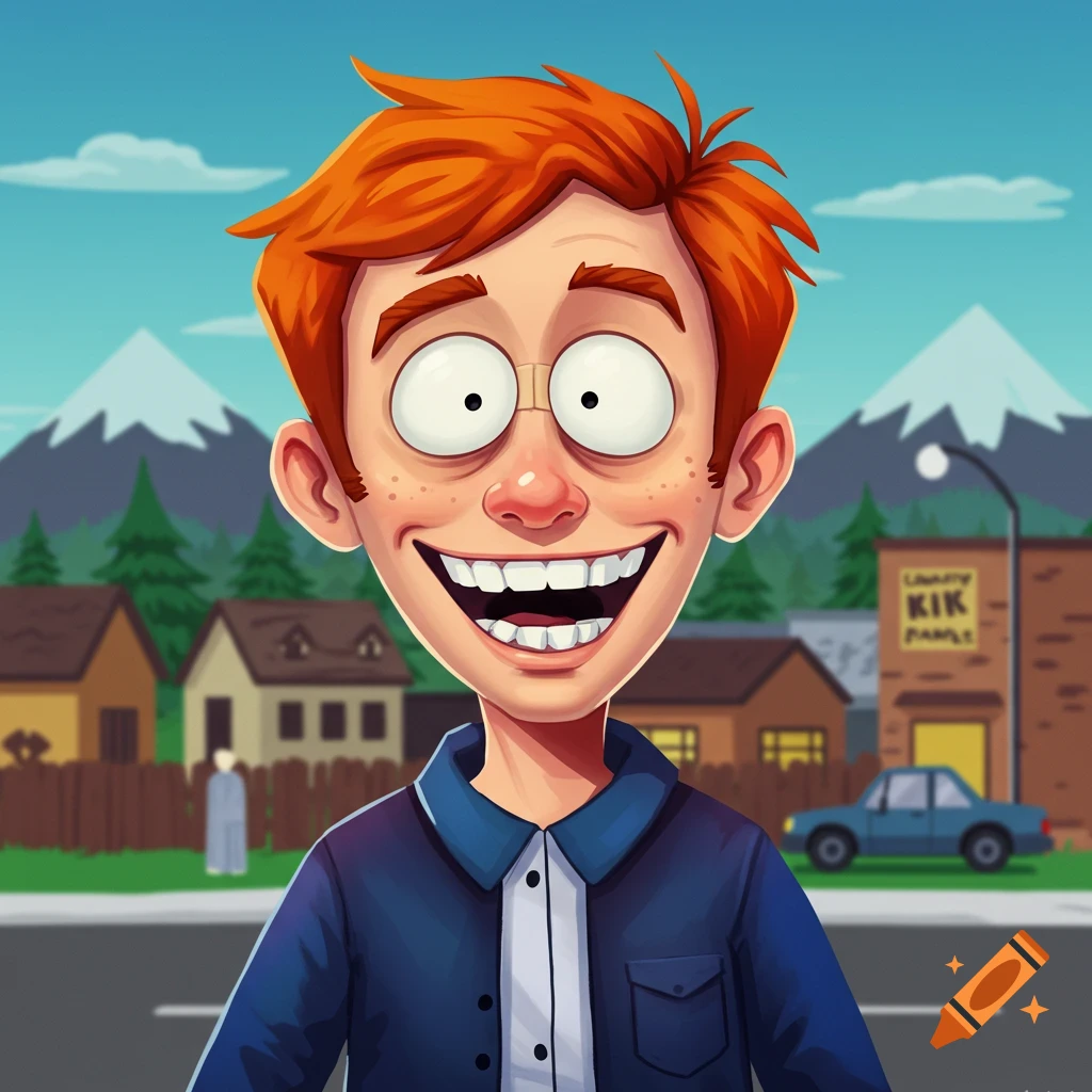 A smiling cartoon character with orange hair and glasses in a town.