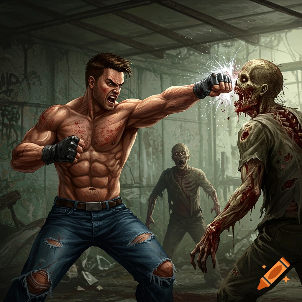 A man is punching a zombie in the face in a ruined building.