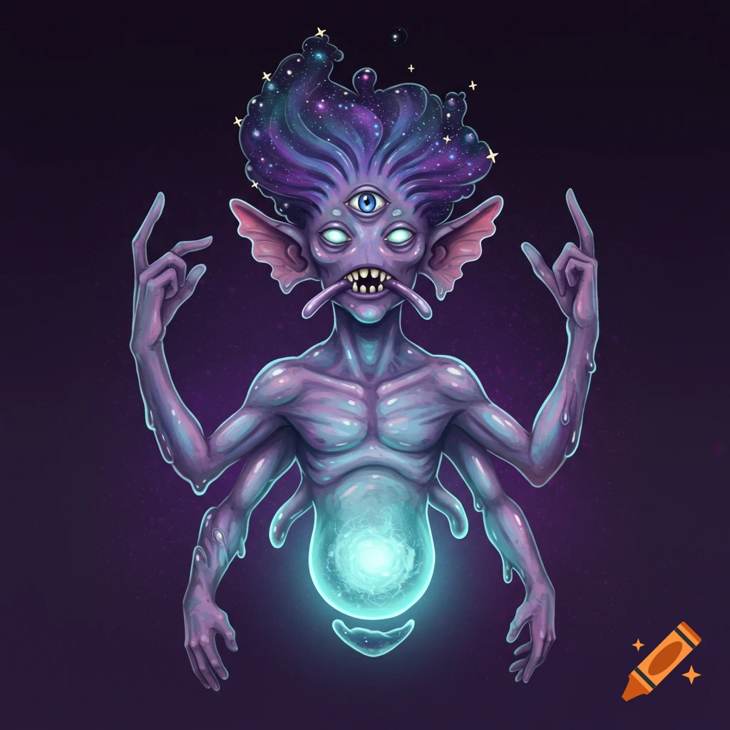 Purple three-eyed alien creature with four arms, galaxy hair, and glowing orb makes rock gestures.