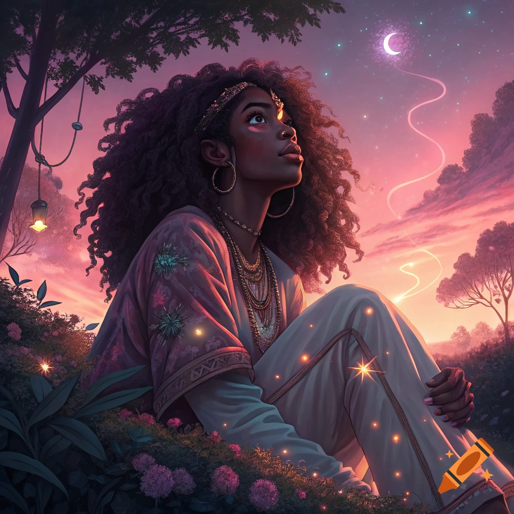 A woman with curly hair sits in a field of flowers looking up at a crescent moon in a pink and purple sunset sky. Glowing lights surround her.