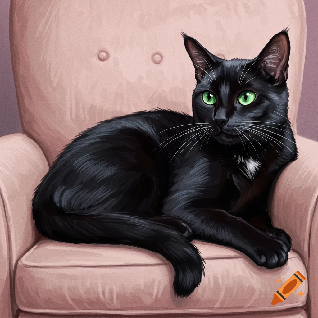 A black cat with green eyes lying on a pink armchair.