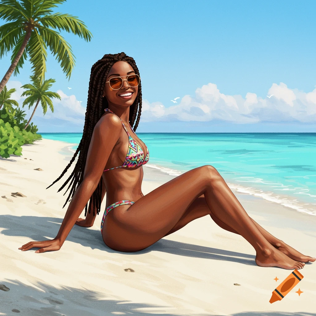 A woman with braids wears a bikini and sunglasses on a sunny beach.