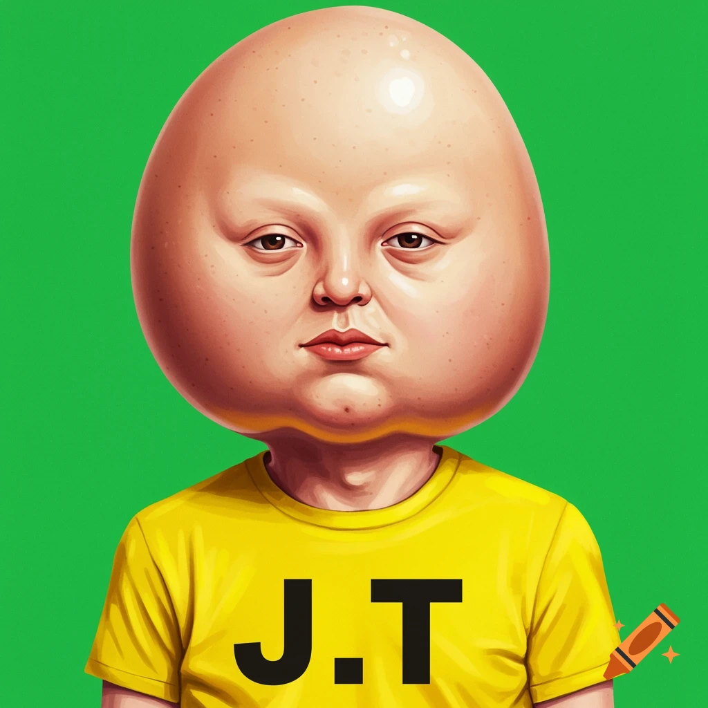 Caricature of a person with a large, egg-shaped head wearing a yellow shirt with 'J.T' in black letters, pop art style.