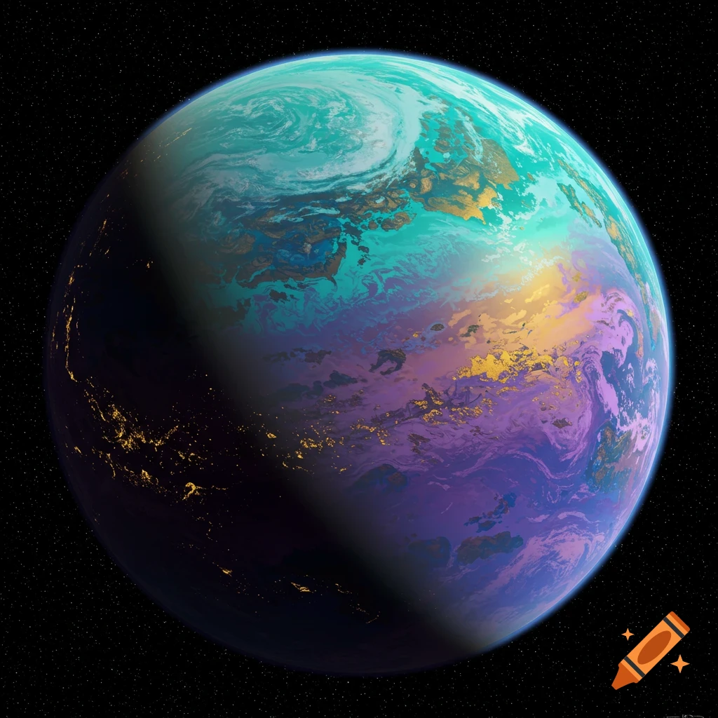 A vibrant, colorful planet in space with city lights on the dark side.