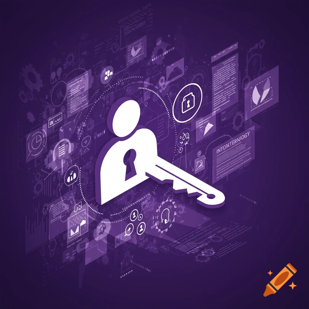 Abstract isometric illustration of a person as a keyhole and key surrounded by tech diagrams in purple and white.
