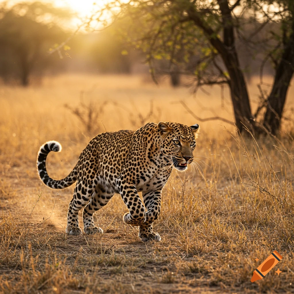 A leopard runs through dry grass in a savanna at sunset.