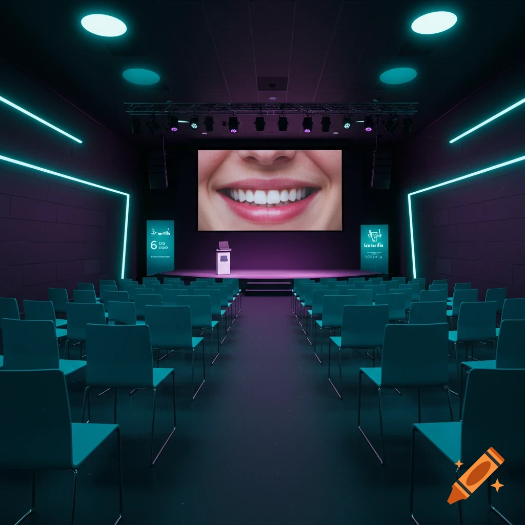 Empty modern lecture hall with turquoise chairs facing a stage with a screen showing a smiling mouth, lit by purple and cyan light.