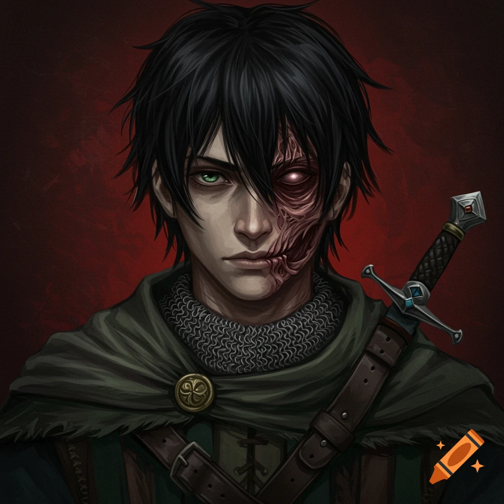 A young man with a scarred face, one green eye and one blind eye, wearing a cape and chainmail, with a sword.