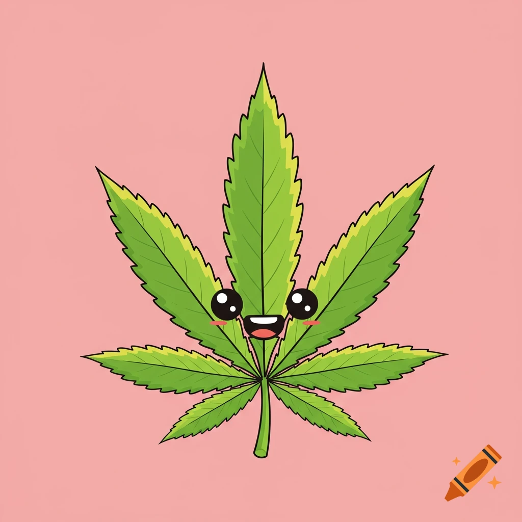 A cartoon green cannabis leaf character with a smiling face on a pink background.