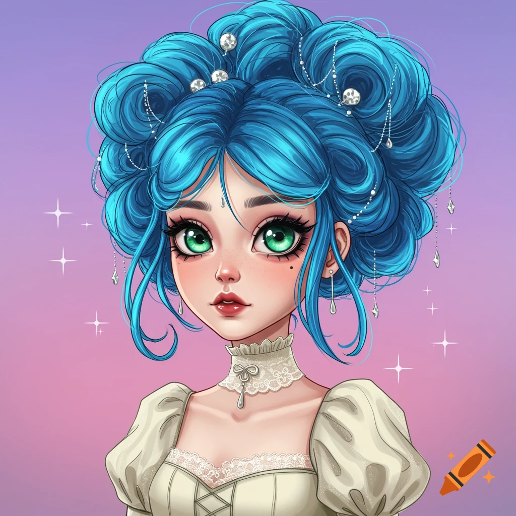 Illustration of an anime girl with elaborate blue hair adorned with jewels, wearing a white lace dress.