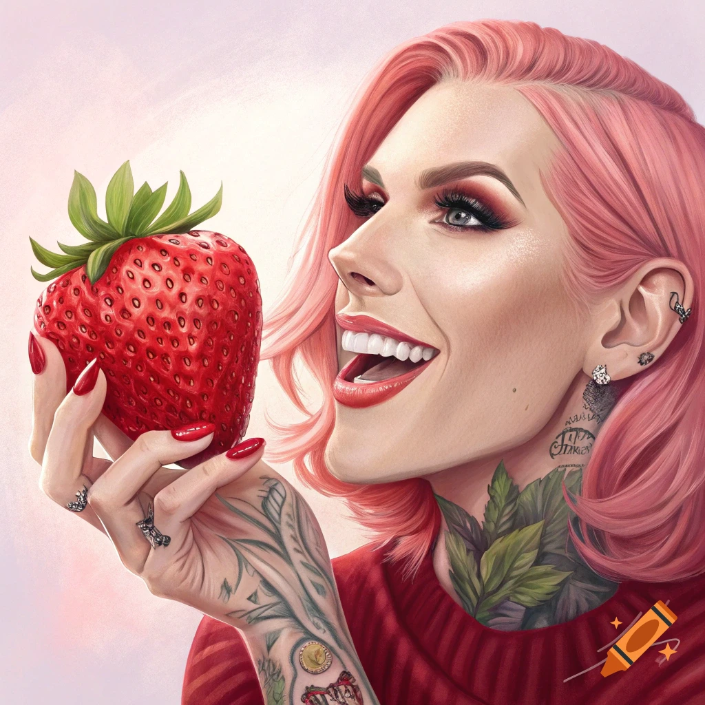 Illustration of a person with pink hair and tattoos holding a large strawberry.