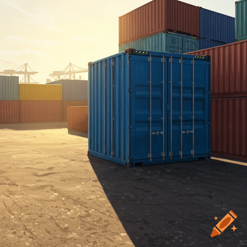 Colorful shipping containers stacked in a sunny storage yard.