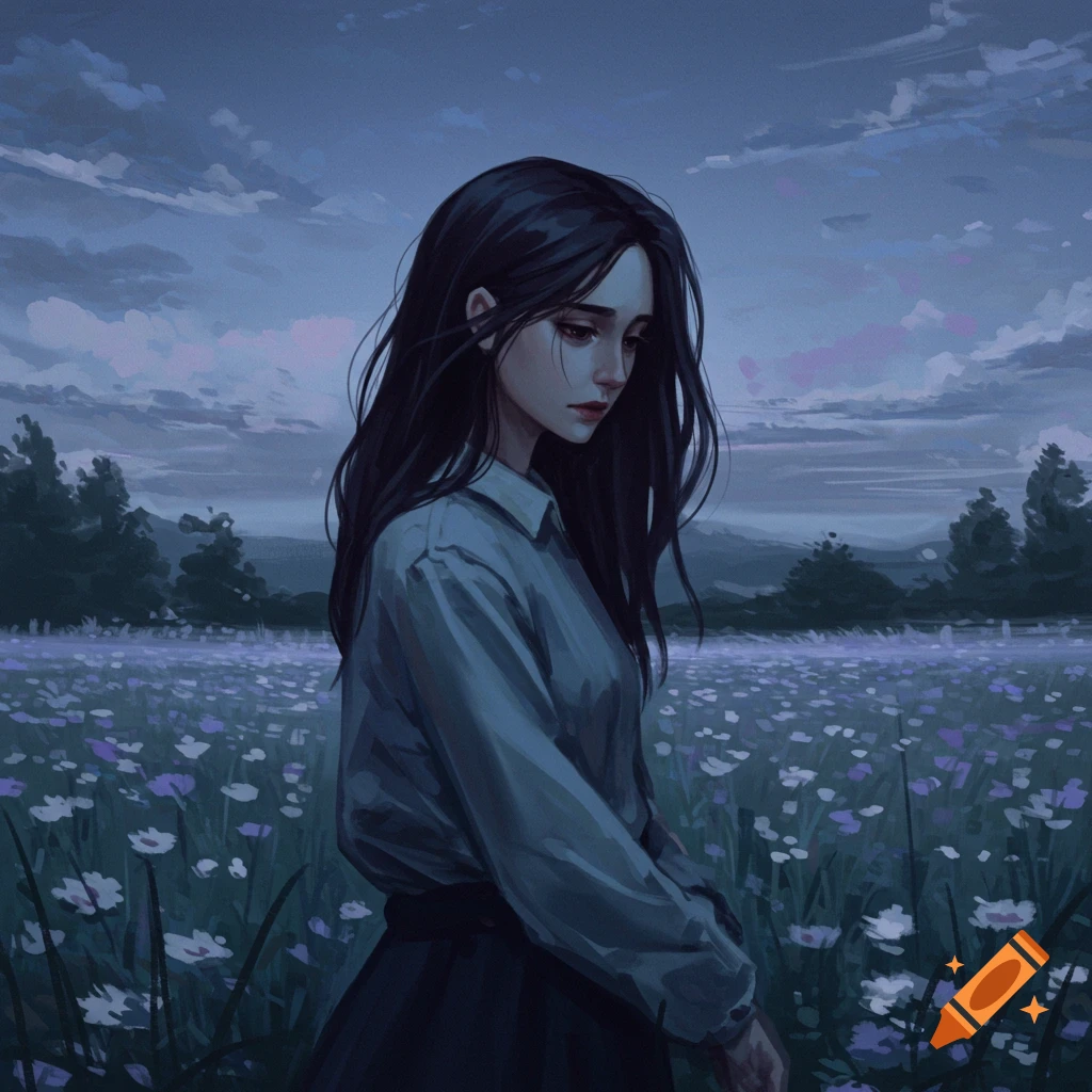 Sad young woman in a field of flowers under a twilight sky