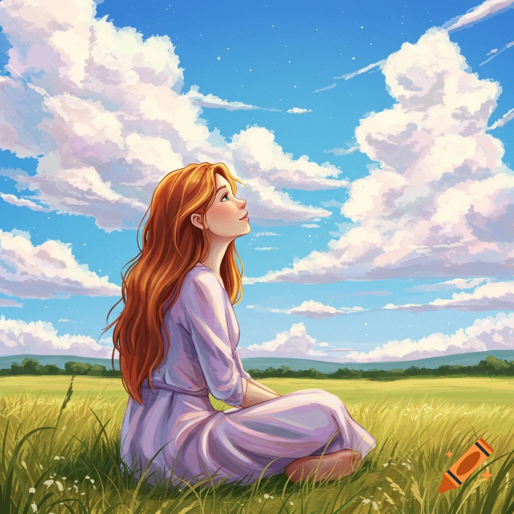 A girl is sitting in a field and looking up at a cloudy sky.