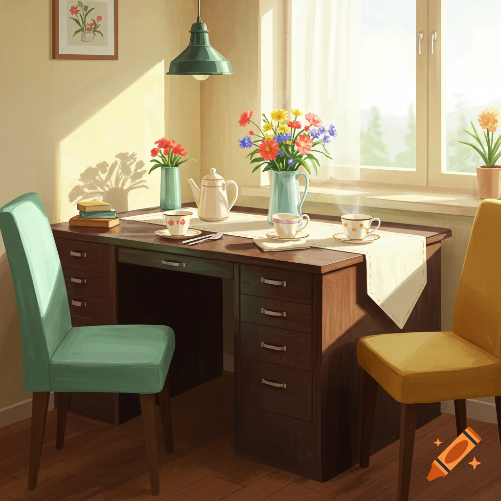 A sunlit breakfast nook with a desk, chairs, flowers, and a teapot set for tea.