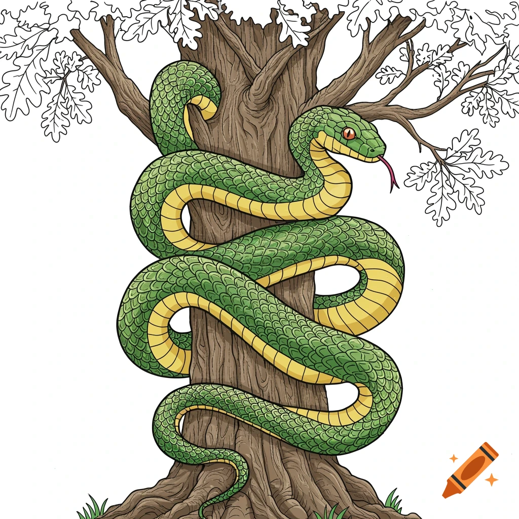 A green and yellow snake coiled around a tree trunk in a coloring book style illustration.