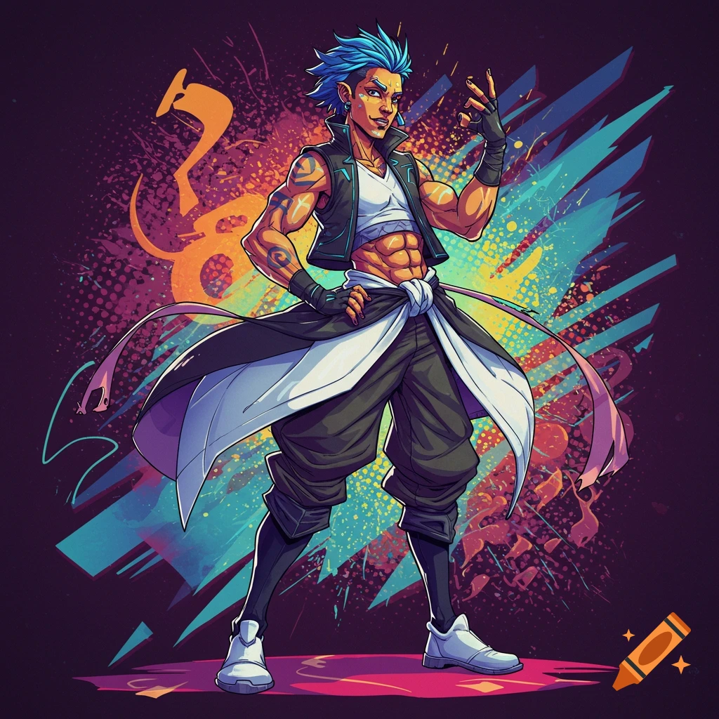A male character with blue hair and tattoos stands with a raised hand in front of a colorful abstract background.