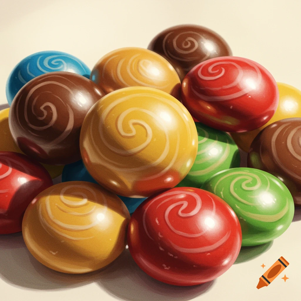 A pile of colorful candies with white swirl patterns.