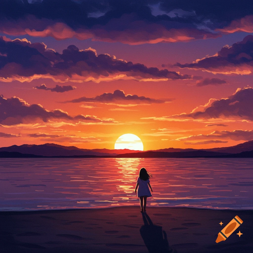 A person standing on a beach watching a colorful sunset over the water.