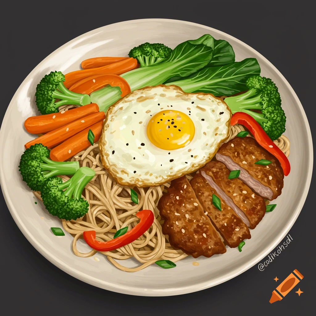 A plate of noodles with meat, fried egg, vegetables, and red peppers.