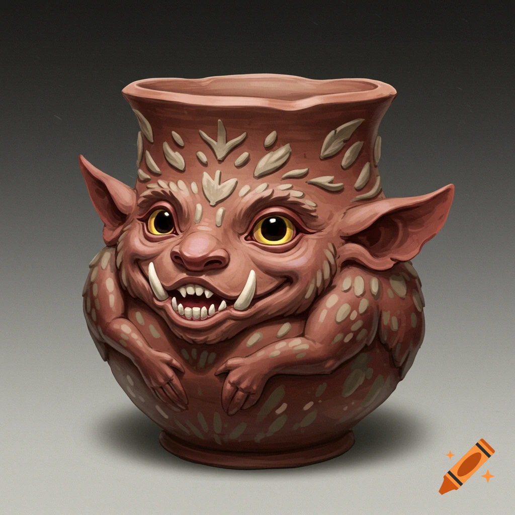 A vase shaped like a creature with ears, fangs, and spots.