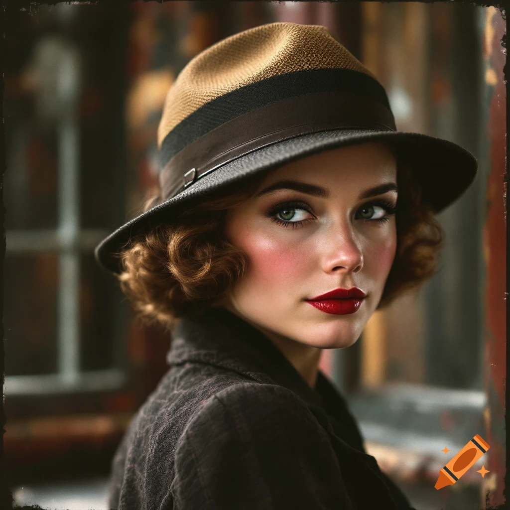 Portrait of a woman in a 1930s style hat and coat.