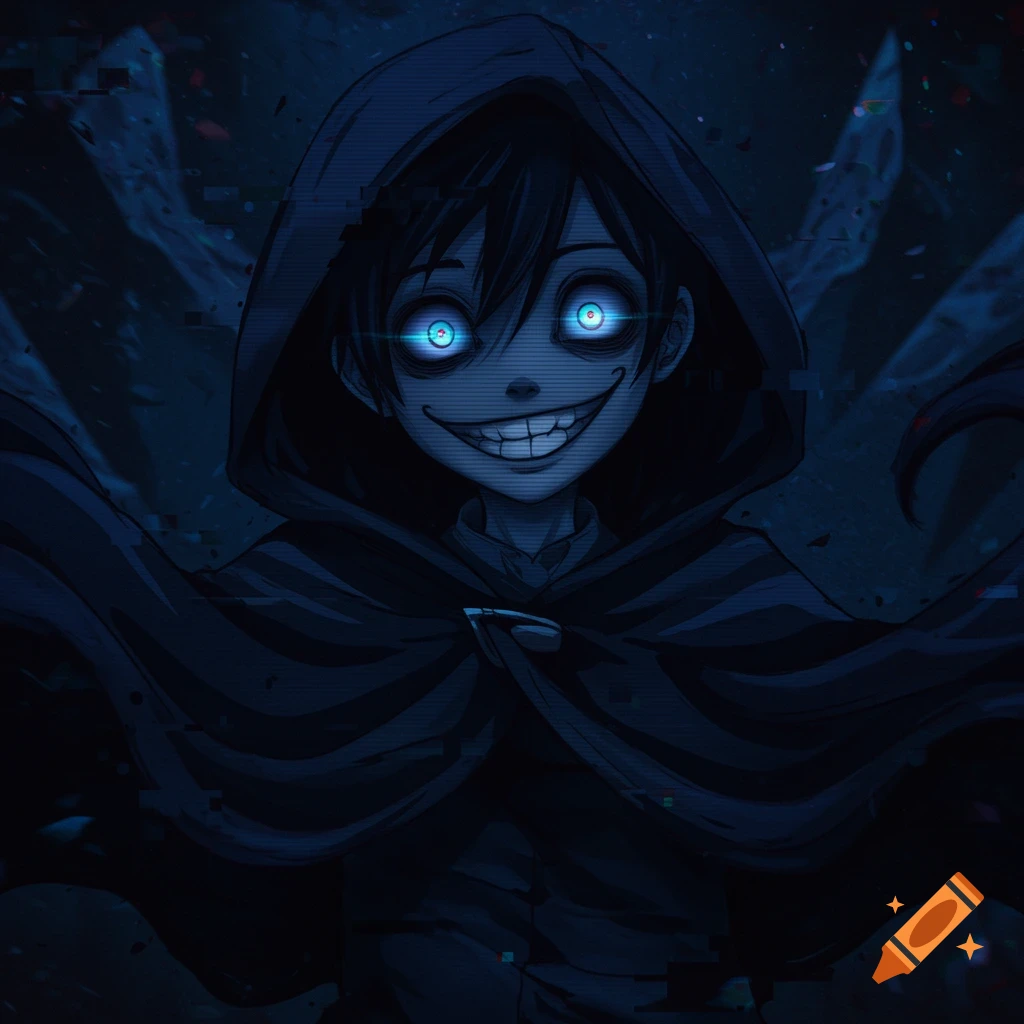 Anime illustration of a creepy boy in a dark cloak with glowing blue eyes and a wide grin, with glitch art effects.
