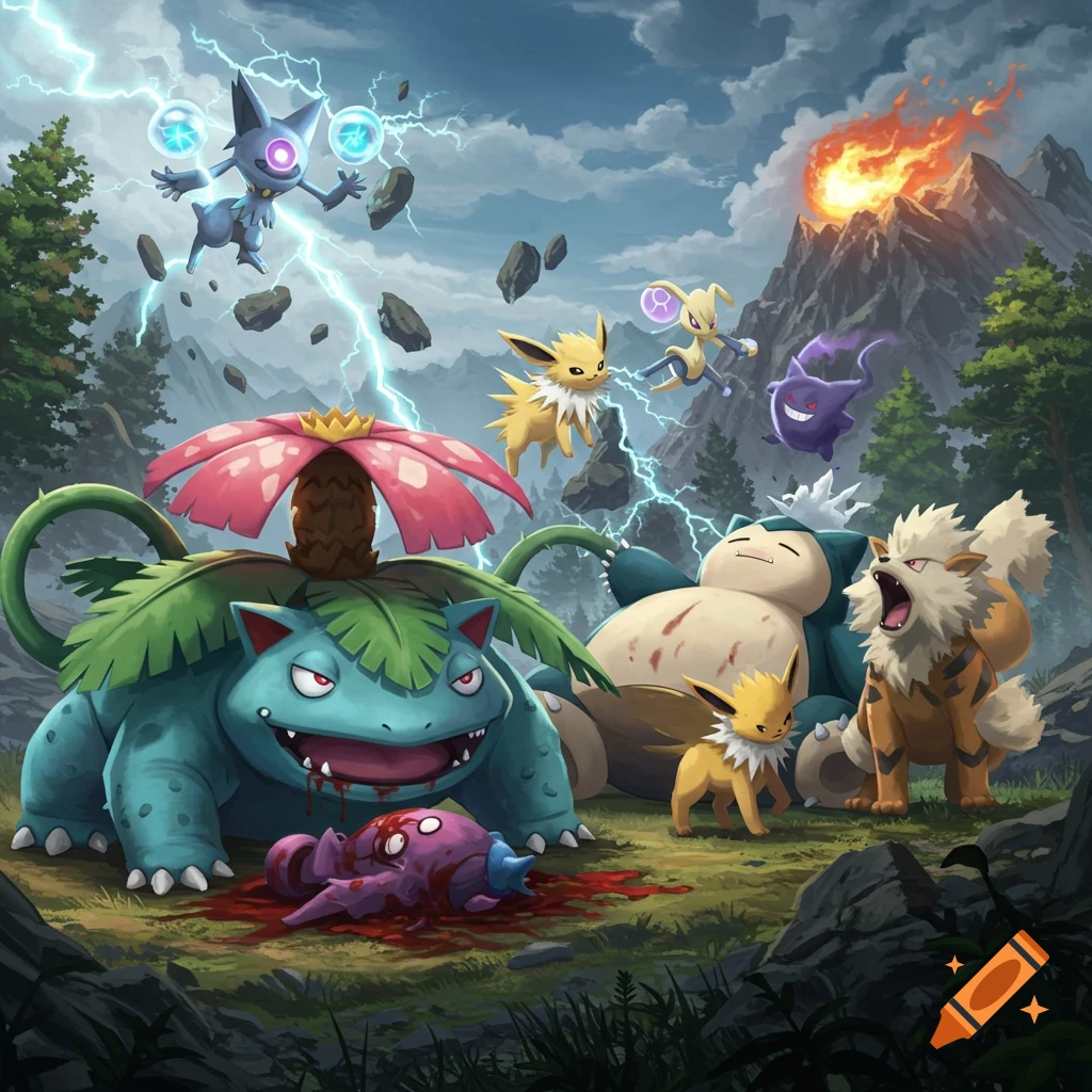 An illustration of several Pokémon, including Venusaur, Snorlax, Arcanine, Jolteon, Alakazam, and Gengar, gathered in a forest scene with lightning and a volcano erupting in the background.