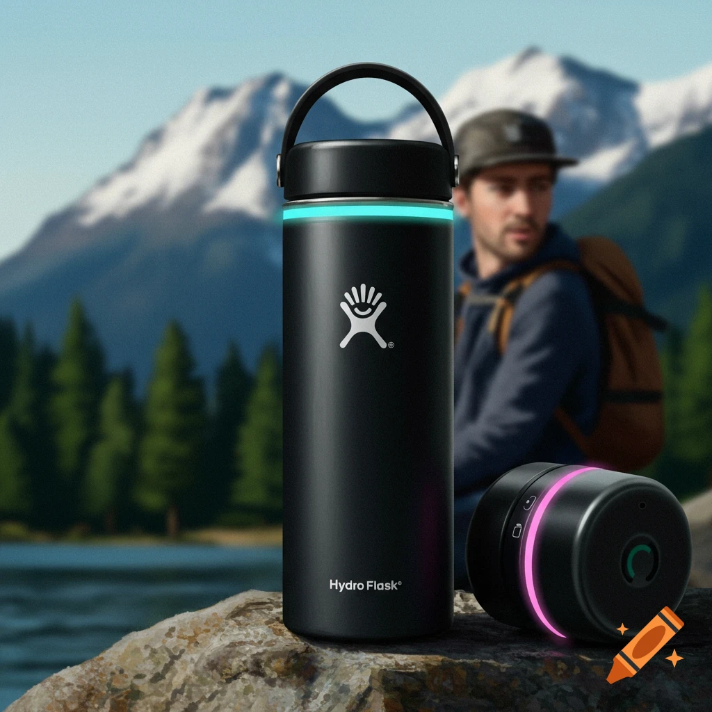 A black water bottle and tech device sit on a rock outdoors with mountains and a person in the background.