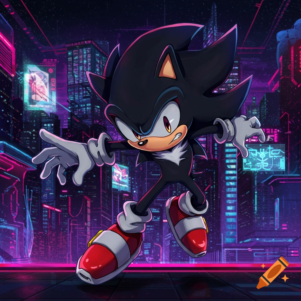 Shadow the Hedgehog stands in a neon-lit cybernetic city, rendered in a stylized anime art style.