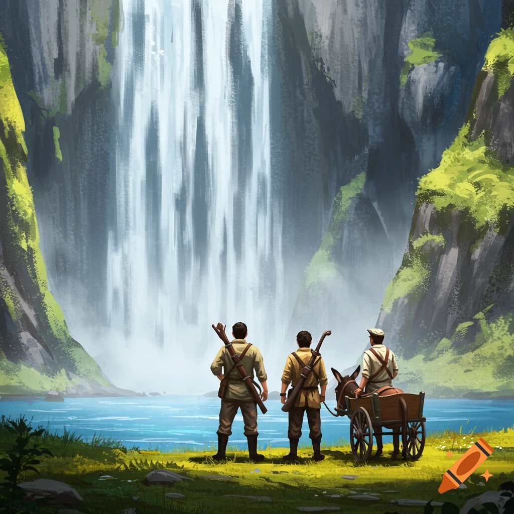Three explorers and a donkey cart standing before a large waterfall.