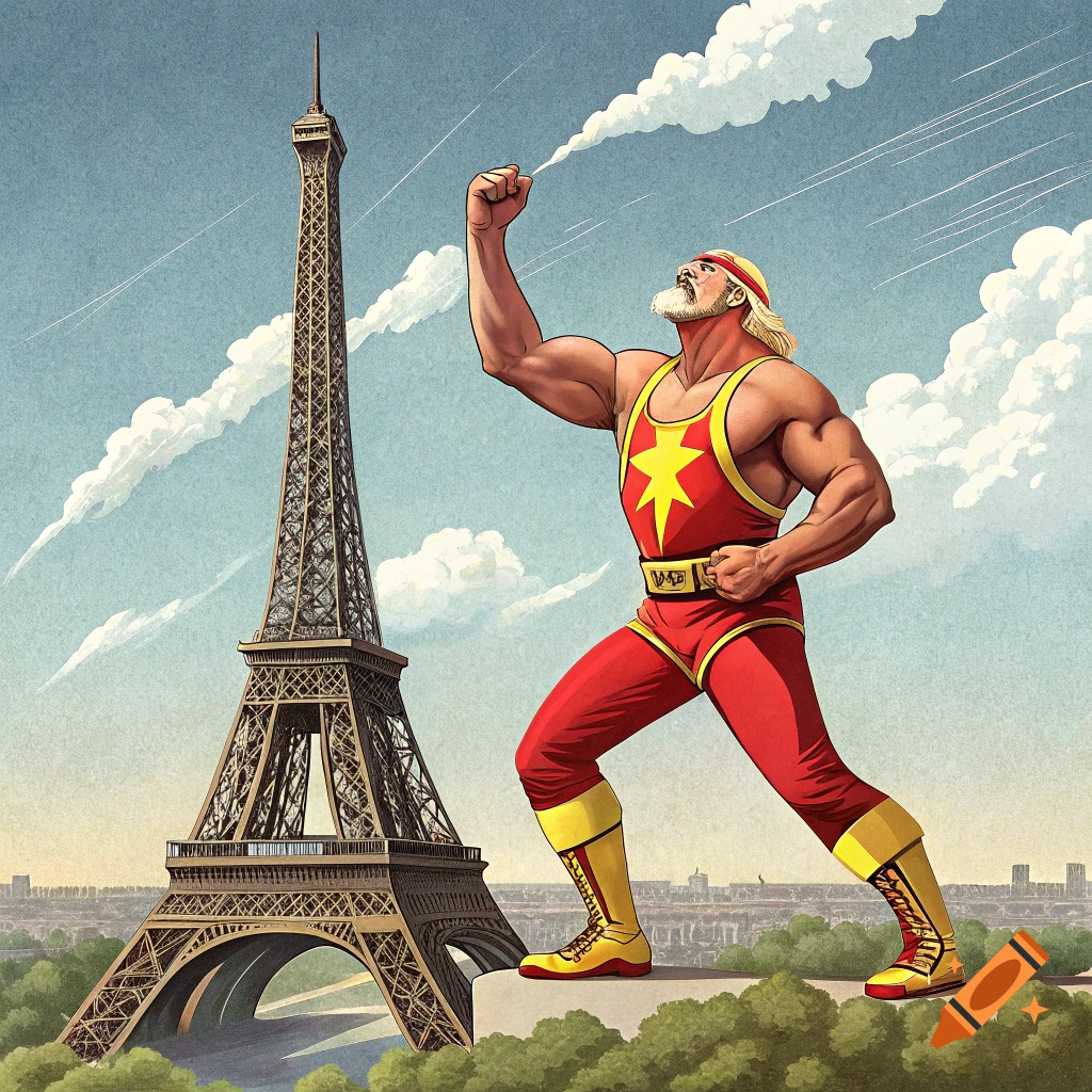 Muscular man in wrestling gear poses next to the Eiffel Tower in comic art style