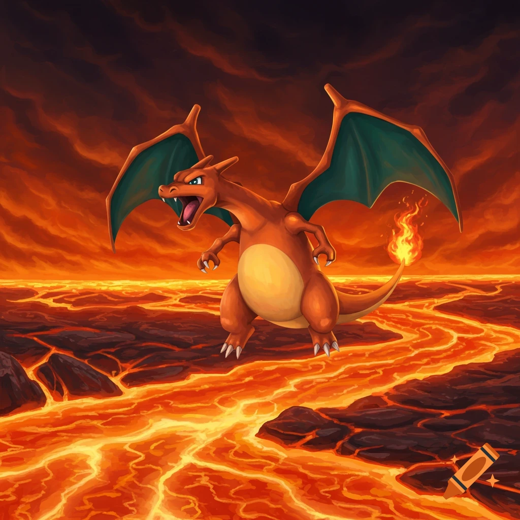 Charizard standing on lava in a volcanic landscape.