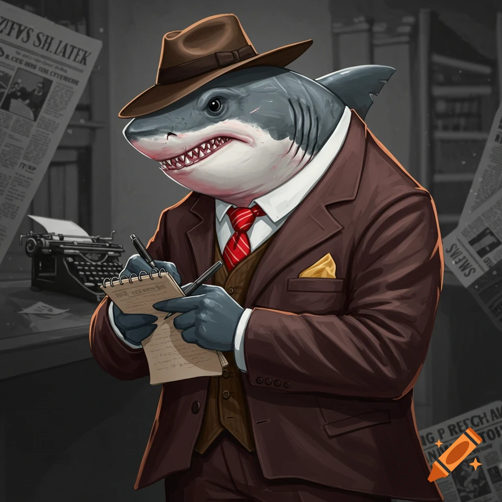 An anthropomorphic shark dressed as a journalist writing in a notebook in a vintage newsroom.