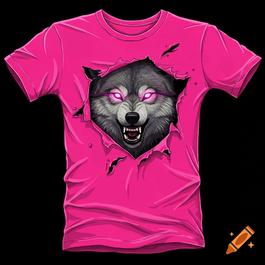 An illustration of a wolf head with glowing pink eyes ripping through a pink t-shirt