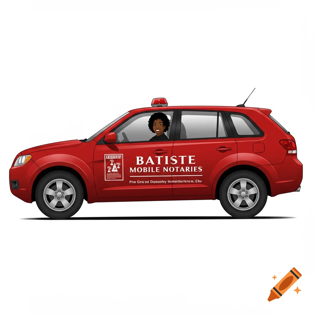 A red car with "Batiste Mobile Notaries" text on the side, driven by a dark-skinned woman.