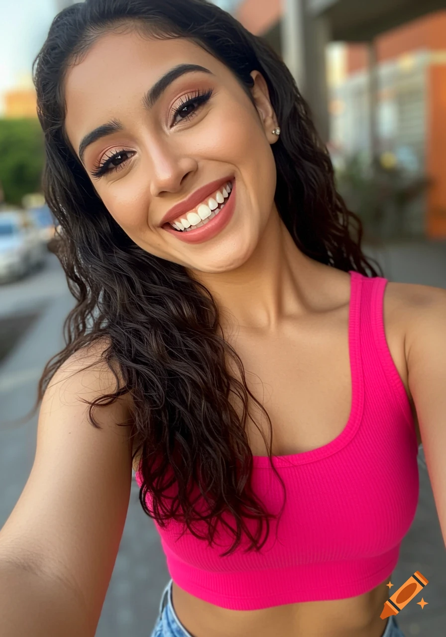Young woman takes a selfie, smiling in a bright pink crop top with blurred city background.