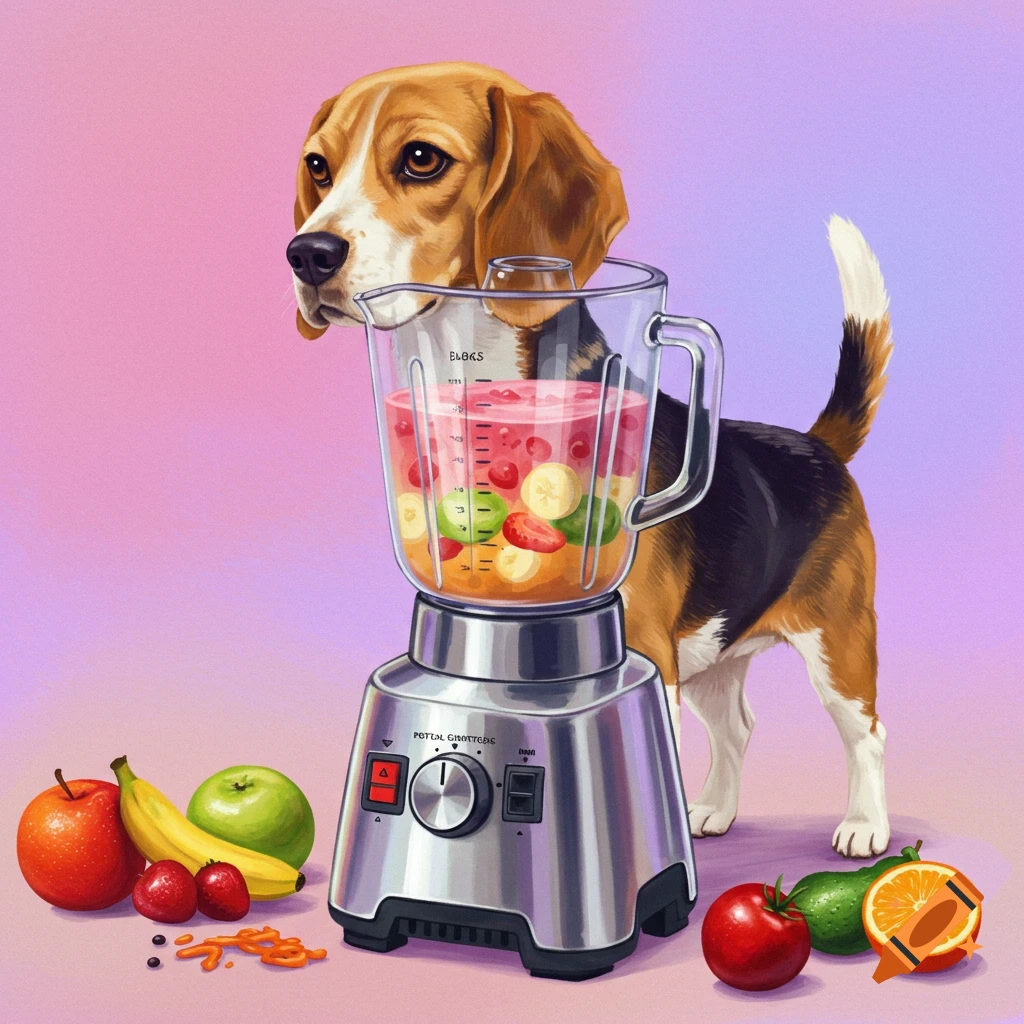 A beagle stands next to a blender full of fruit, with fruit around the base.