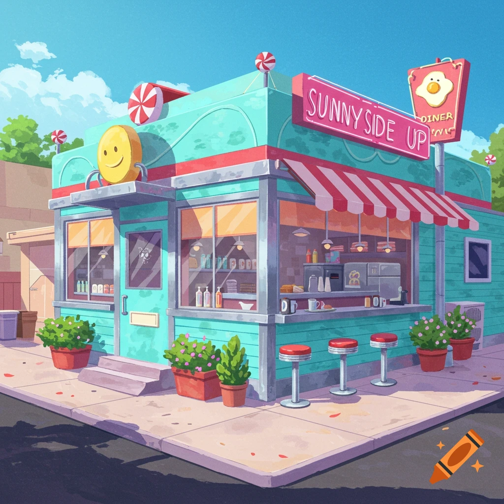 A cute, colorful cartoon diner with the sign 'Sunny Side Up'.
