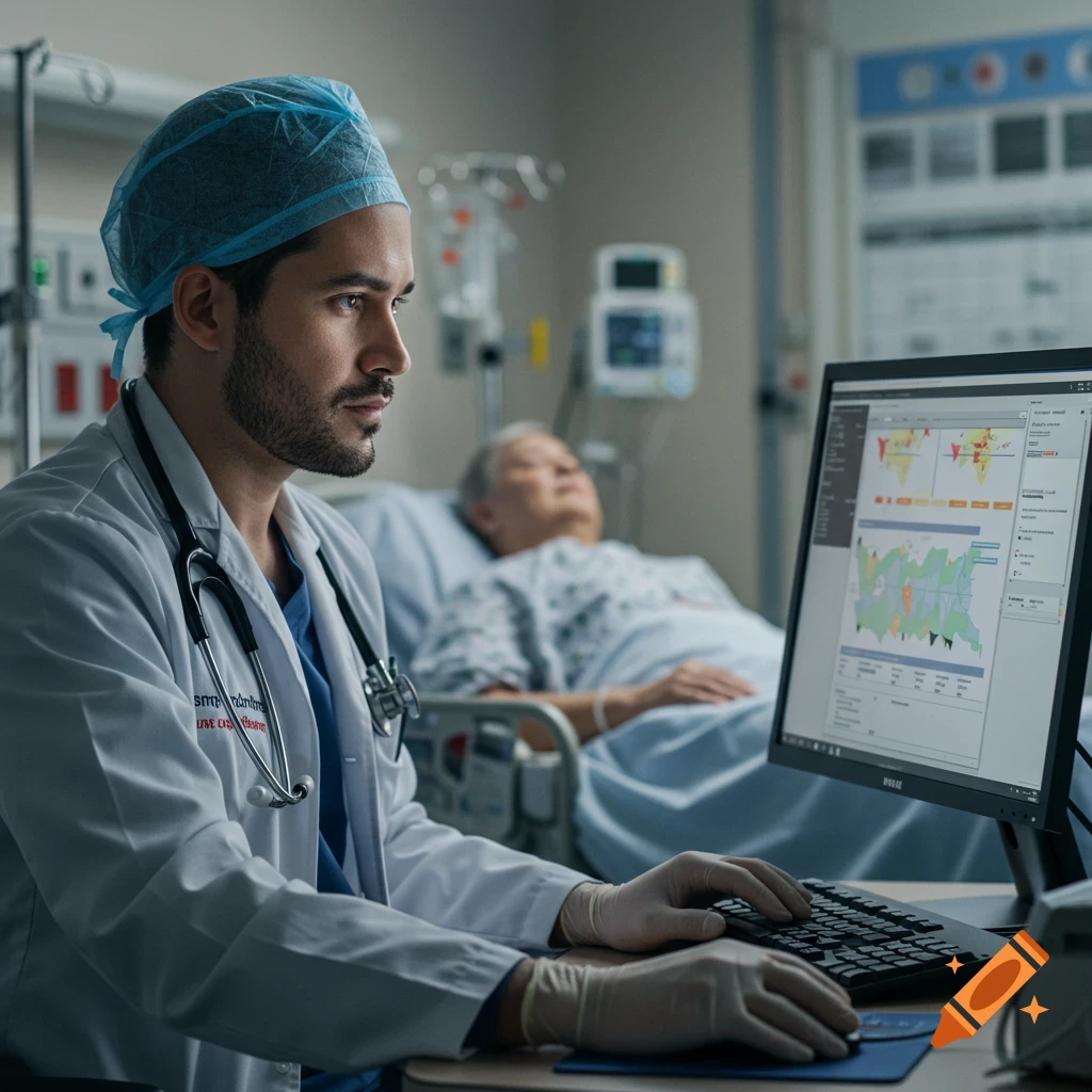 A doctor in scrubs and a lab coat looks at a computer screen in a hospital room, a patient visible in the background. Photorealistic style.