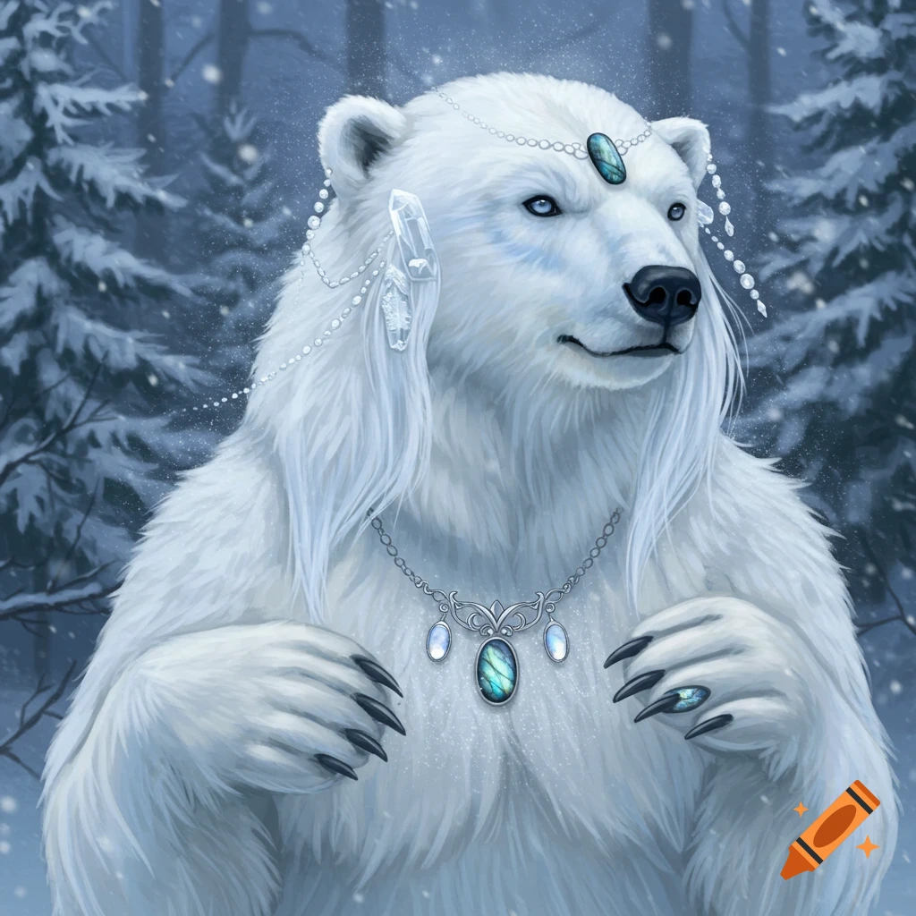 A female humanoid polar bear wearing crystal and gemstone jewelry in a snowy forest, digital art.
